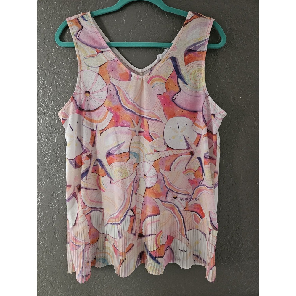 Ellen Negley‎ Watercolor Seashell Pleated Tank Top Pink Orange Sz L Excellent